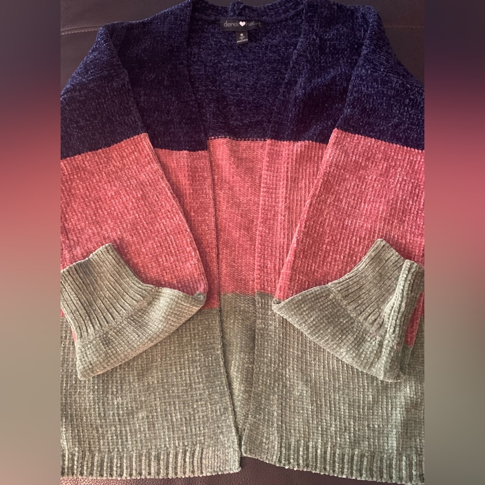 Derek Heart Colorblock Chenille Sweater in Navy, Pink & Taupe Cottagecore Cozy